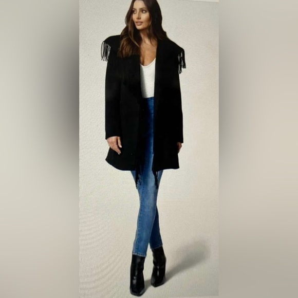 Badgley Mischka NWT Ricci Wool Blend Fringe Coat in Black size Large - Picture 16 of 16